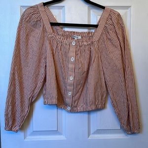 Madewell Puff-Sleeve Button-Front Crop Top in Embroidered Stripe